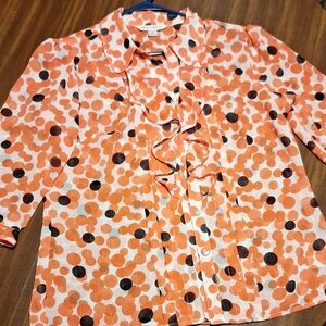 Pendleton Vibrant Sheer Orange Blouse with Black Dots
